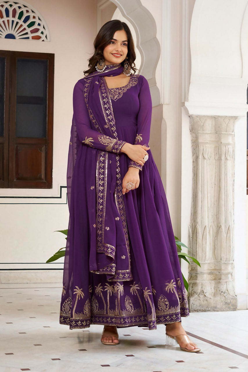 The52 Women's Gorgeous Faux Georgette Fabric Embroidery Work Flared Anarkali Pant and Dupatta Set - Distacart