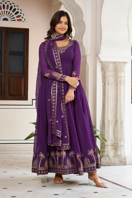 The52 Women's Gorgeous Faux Georgette Fabric Embroidery Work Flared Anarkali Pant and Dupatta Set