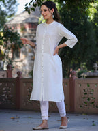 Juniper Women's White Cotton Slub Embroidered Straight Kurta - Distacart