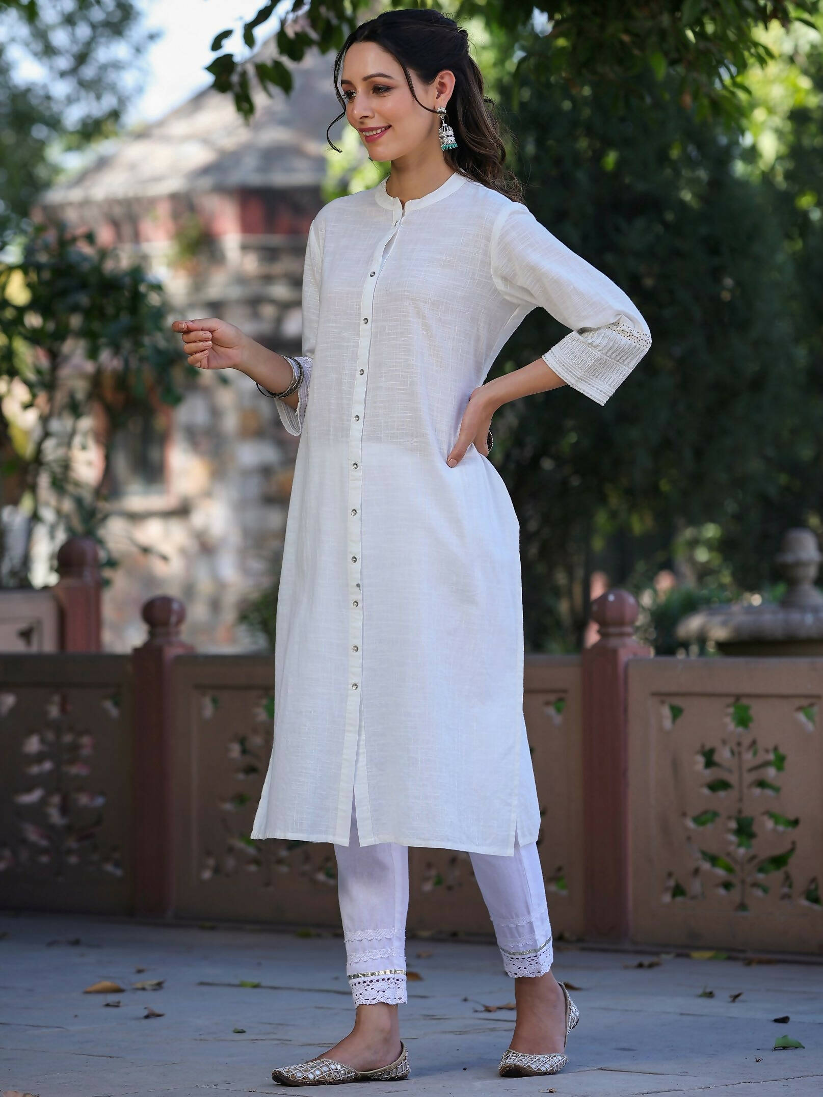 Juniper Women's White Cotton Slub Embroidered Straight Kurta - Distacart