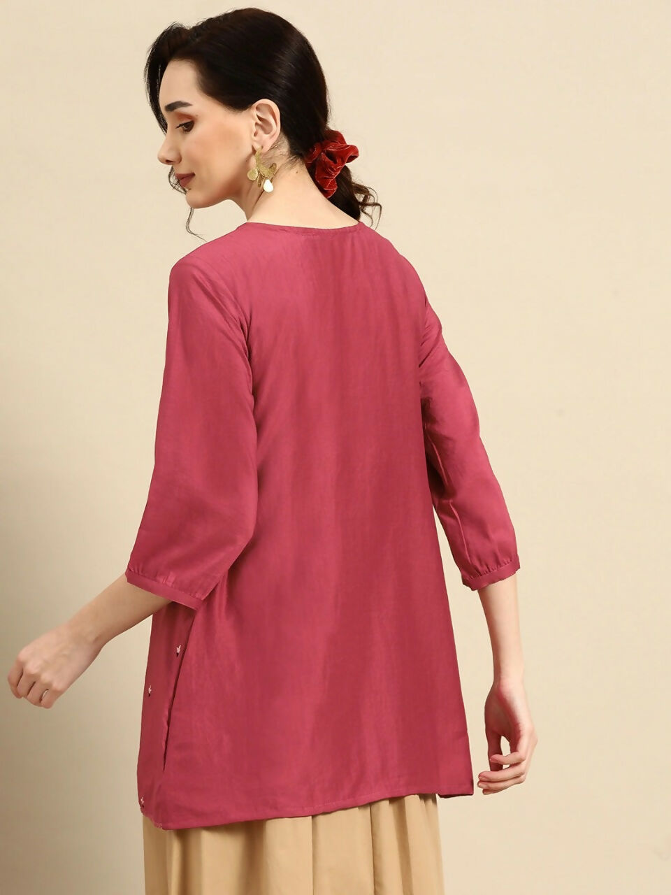 Women's Pink Viscose blend Embroidered Short Top - Marina