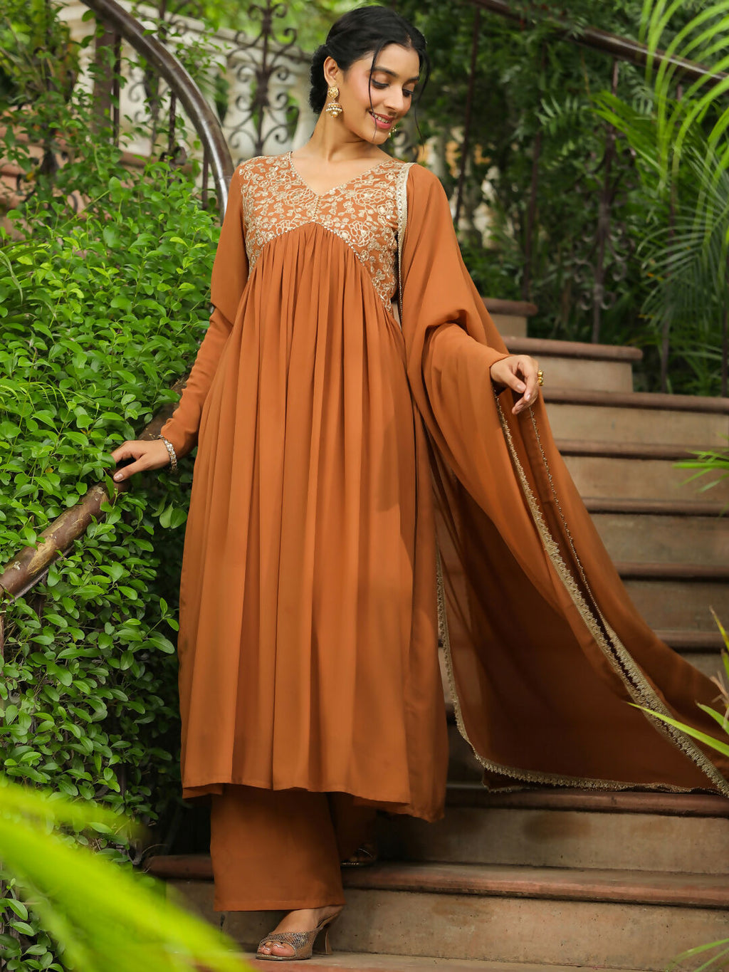Janasya Brown Georgette Yoke Embroidery Kurta,Bottom & Dupatta