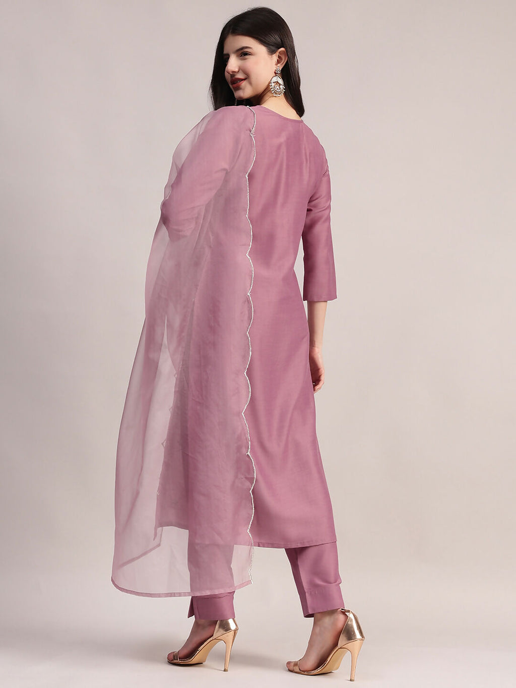 Aavyora Women Lavender Embroidered Chinon Kurta with Straight Pants & Organza Dupatta Set