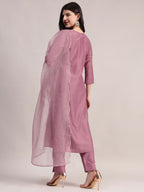 Aavyora Women Lavender Embroidered Chinon Kurta with Straight Pants & Organza Dupatta Set