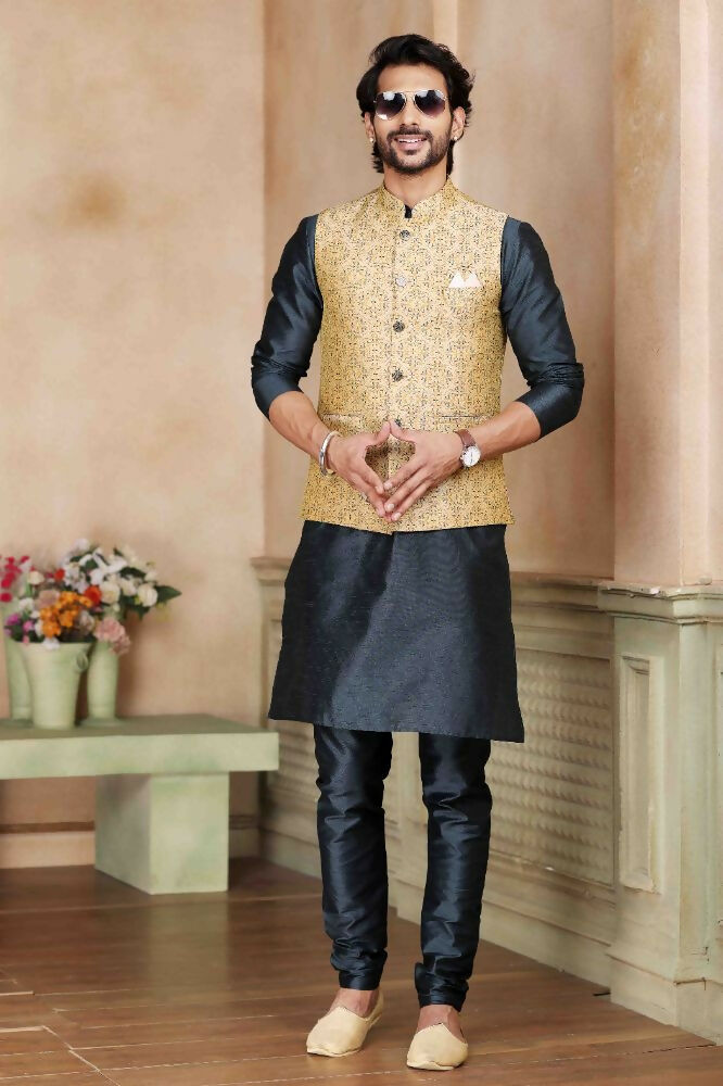 Raivat Ethnic Jacquard Banarasi Silk Woven Work 3 Pics Jacket Set In Beige Colour - Distacart