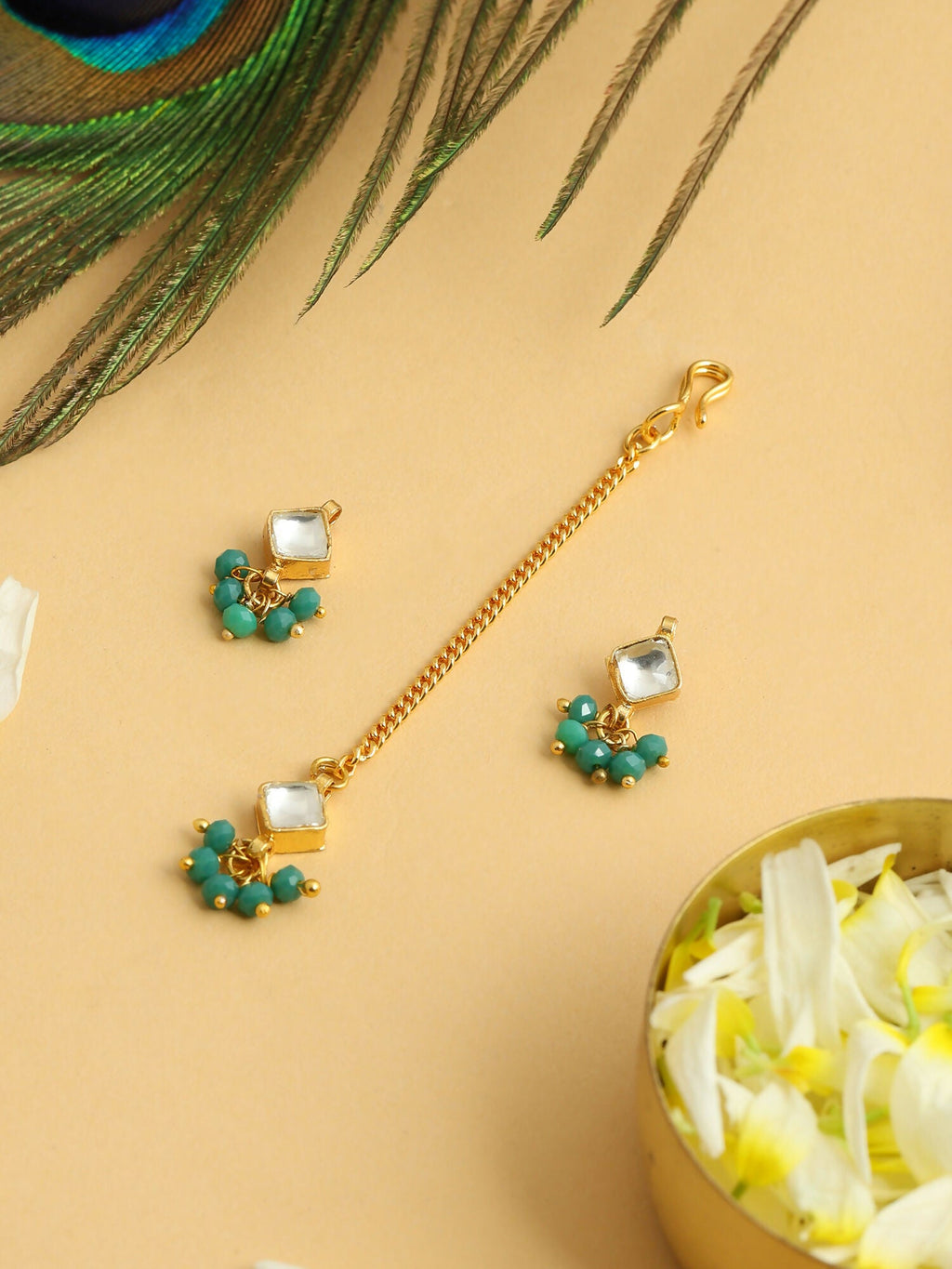 Ruby Raang Gold-White Set Of Earrings And Maang Tikka - Distacart