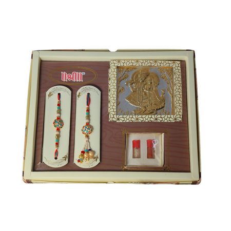 Indianvibez Exclusive Gift Pack Of Bhai Bhabhi Meenakari Kundan Stone Desginer Rakhi With Roli & Krishna Silver Gold Plated Radha Krishna Foil