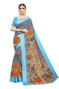Vamika Blue Linen Digital Print with Satin Border Floral Saree