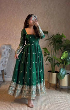 Teeya Creation Green Fendi Silk Designer Heavy Work Wedding Wear Long Gown