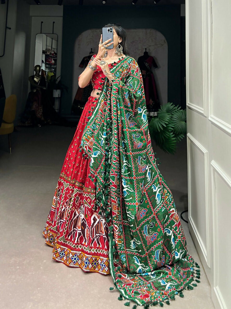 Vastranavya Navaratri Special Dola Silk Patola Print With Gamthi Work Lace Border Lehenga with Stitched Blouse - Red