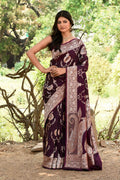Joban Fashion Wine Banarasi Soft Pure Handloom Banarasi Silk Saree