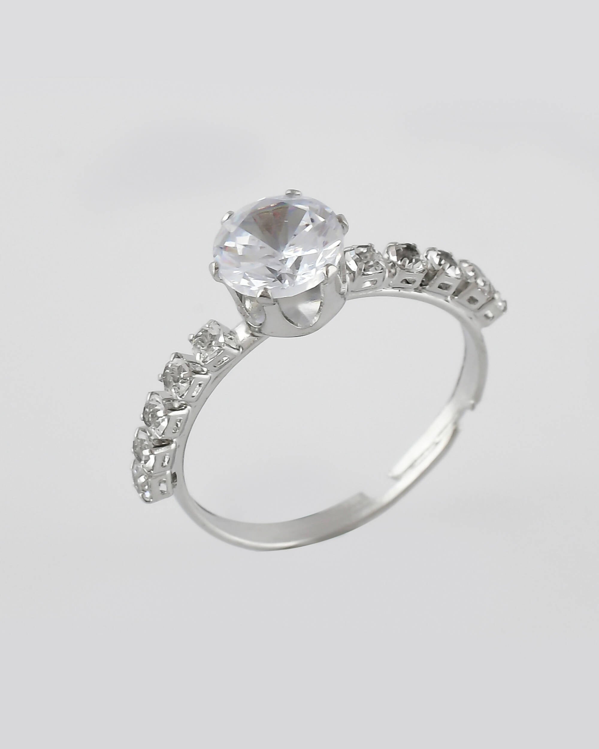 VOJ white CZ-detail Stainless Steel Cubic Zirconia Silver Plated Adjustable Finger Ring