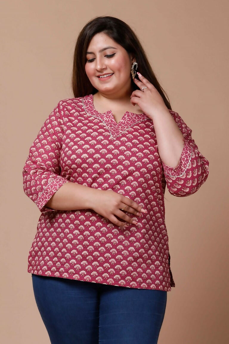 Miravan Women's Plus Size Pink Floral Printed Cotton Kurti
