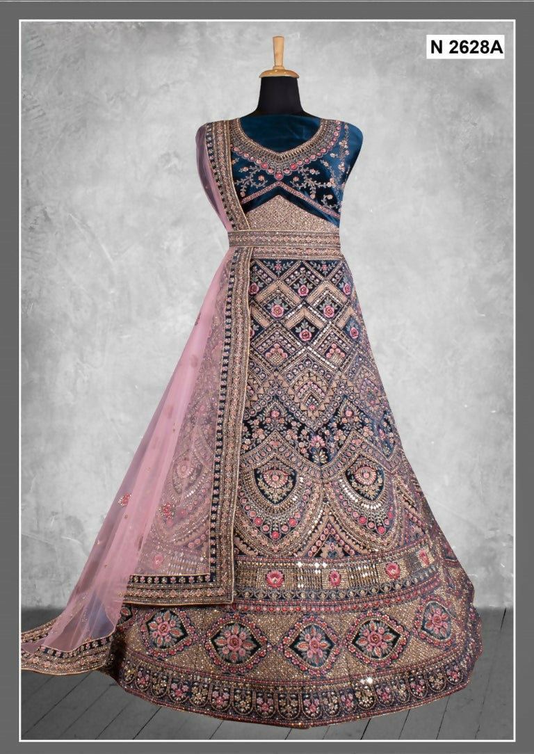 More Peach Velvet Zardosi Work With Pure Mirror Work Lehenga Choli - Nimaya Tyohar