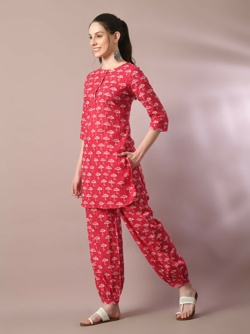 Myshka Women's Pink Printed Cotton Round Neck Party Tunic With Trousers Co-ord set