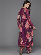 Ahalyaa Women Floral Printed Angrakha Kurta with Palazzos - Burgundy Color