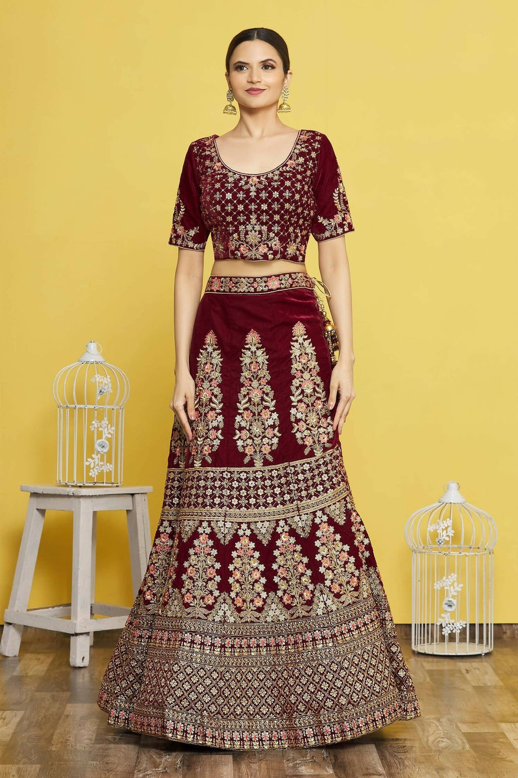 Maroon Velvet Semi-Stitched Wedding Bridal Lehenga - Nimaya