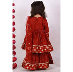 Little Bansi Girls Maroon Color Brocade patch work Kurta Frock with Sharara and Dupatta
