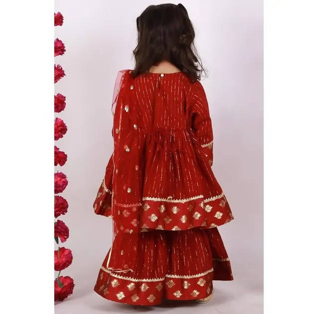 Little Bansi Girls Maroon Color Brocade patch work Kurta Frock with Sharara and Dupatta