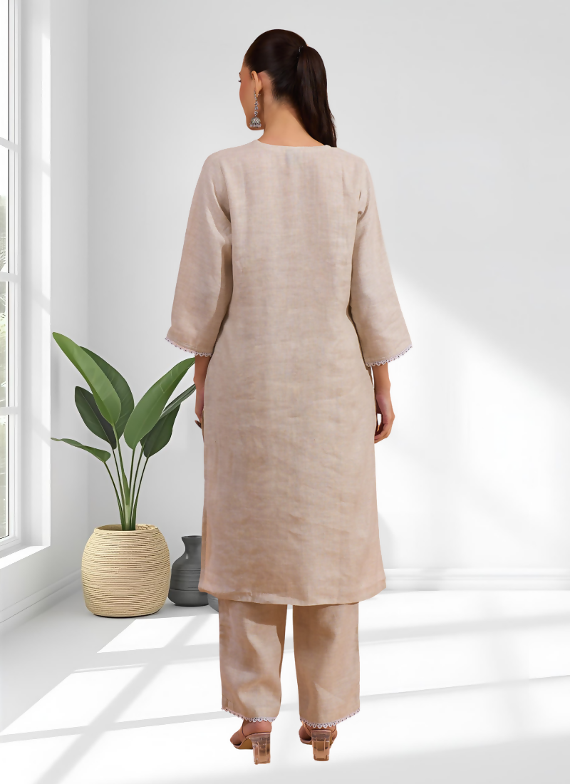 Joban Fashion Beige Linen Embroidered Readymade Long Kurta With Pant - Distacart