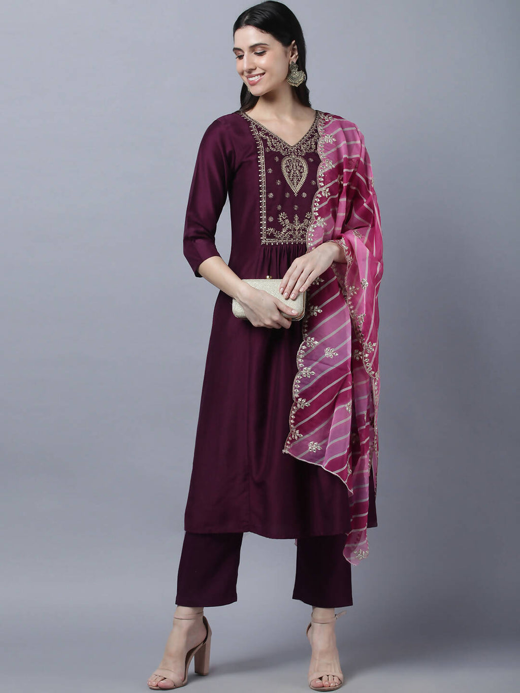 Myshka Stylish Maroon 3/4 Sleeve Women's Kurta Pant with Dupatta Set - Distacart