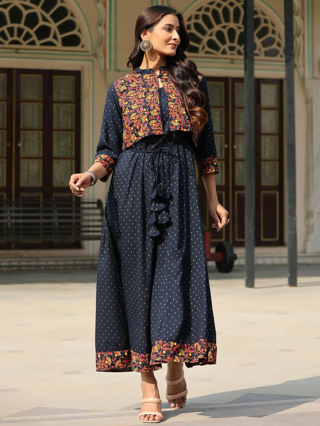 Juniper Women's Blue Rayon Festive Printed Flared Dress - Distacart