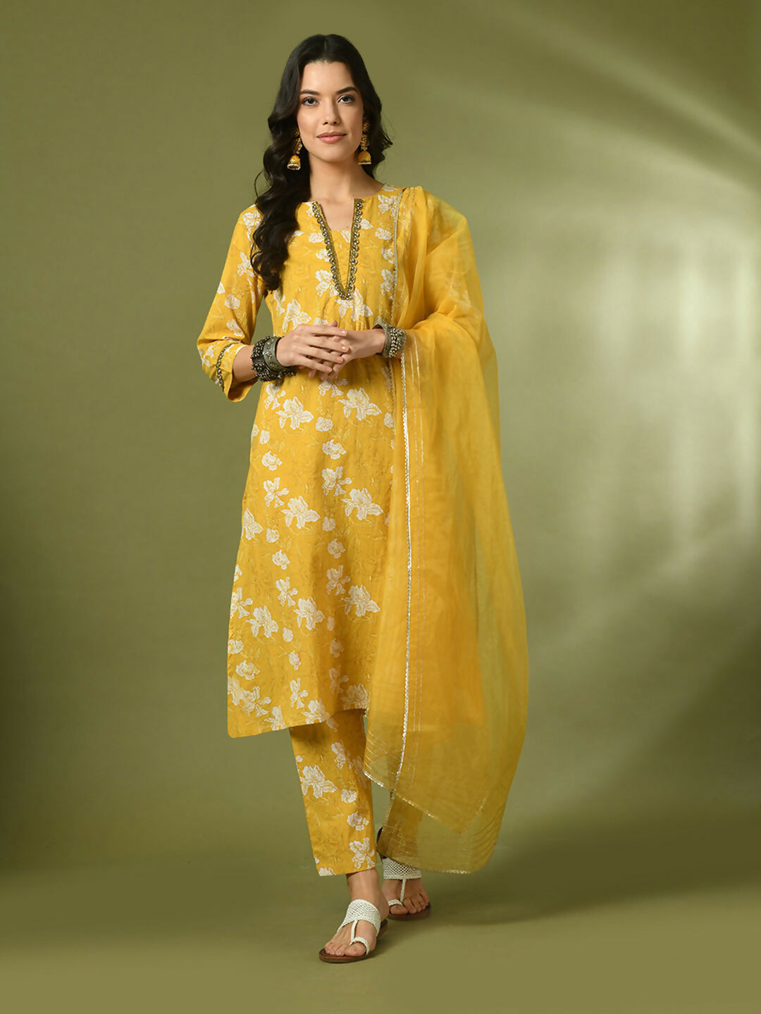 Myshka Women's Yellow Printed Cotton Straight Party Kurta Set With Dupatta