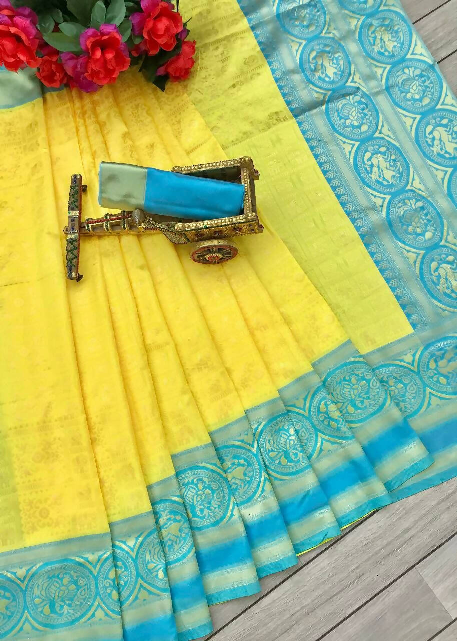 DEIANA'S Beautiful Designer Golden zari Soft Lichi Silk Saree - Yellow