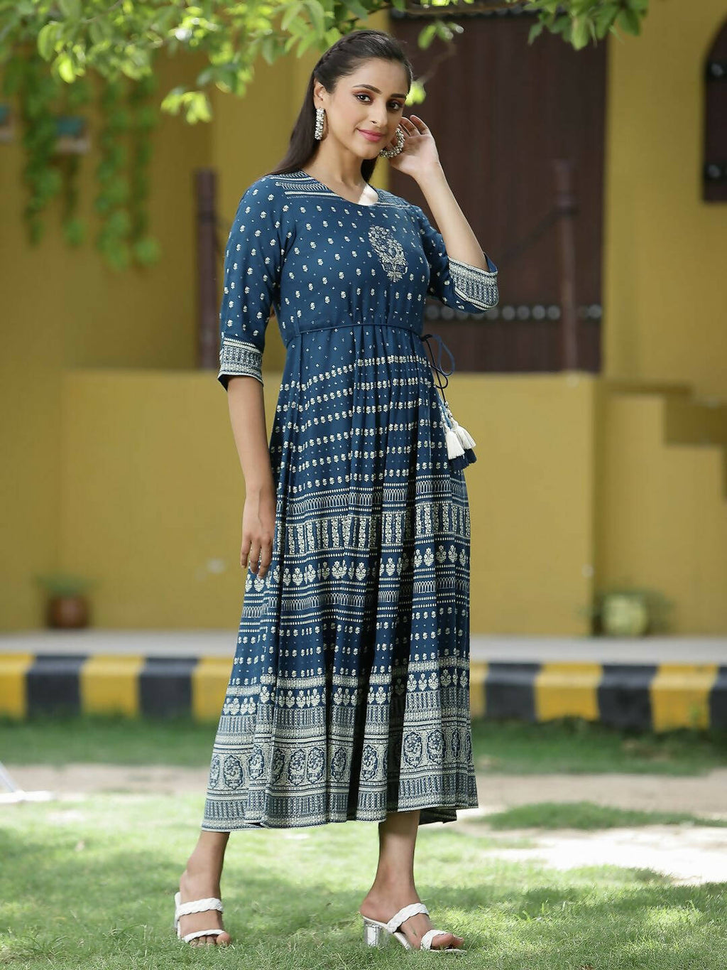 Juniper Blue Rayon Festive Printed Flared Dress For Women - Distacart