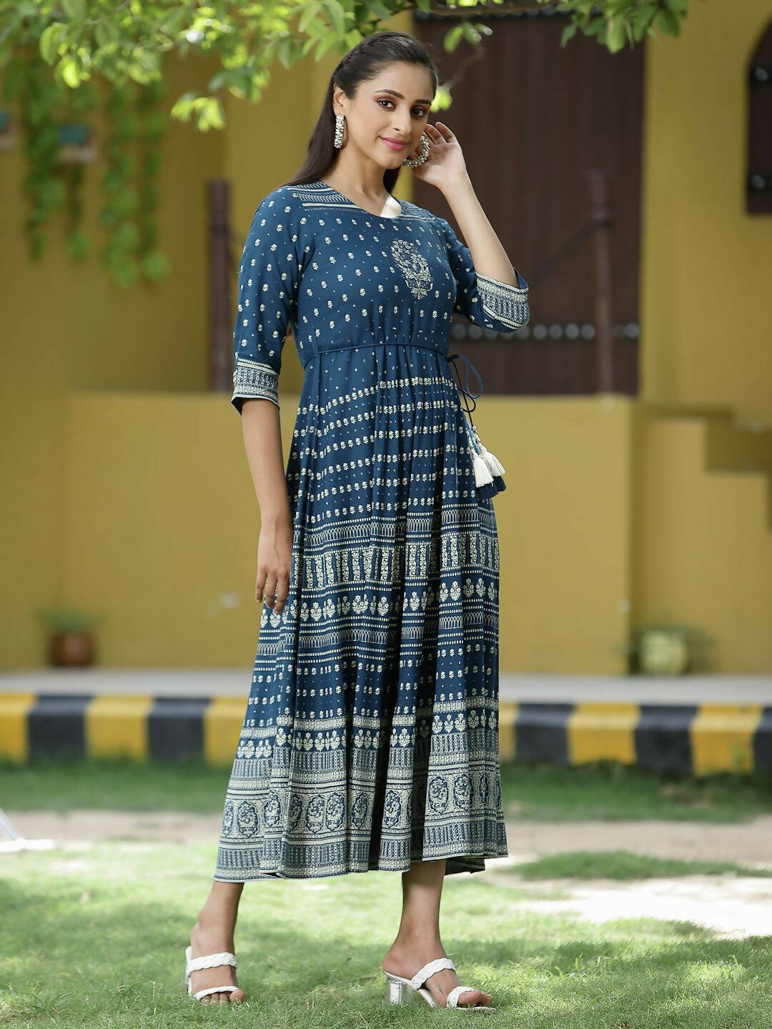 Juniper Blue Rayon Festive Printed Flared Dress For Women - Distacart