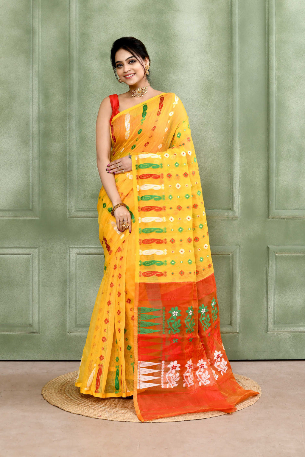 Piyari Fashion Women's Yellow Embellished Cotton Blend Jamdani Saree - Distacart