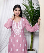 Miravan Women's Chikankari Embroidery Pink Straight Kurta & Palazzo Set