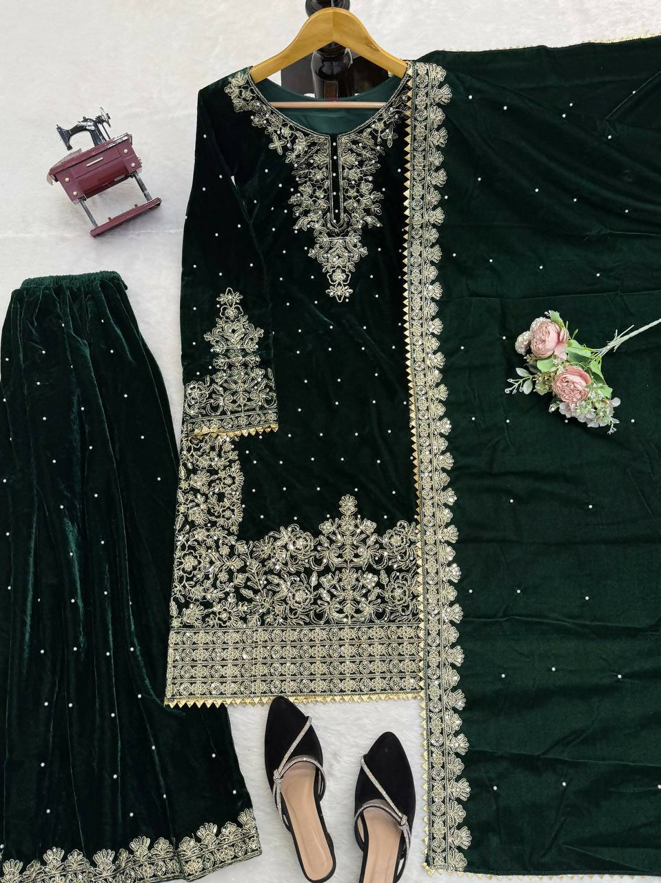 Vastranavya Green Viscose Velvet Cording Sequence With Moti Work Top-Bottom With Dupatta - Distacart