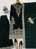 Vastranavya Green Viscose Velvet Cording Sequence With Moti Work Top-Bottom With Dupatta - Distacart