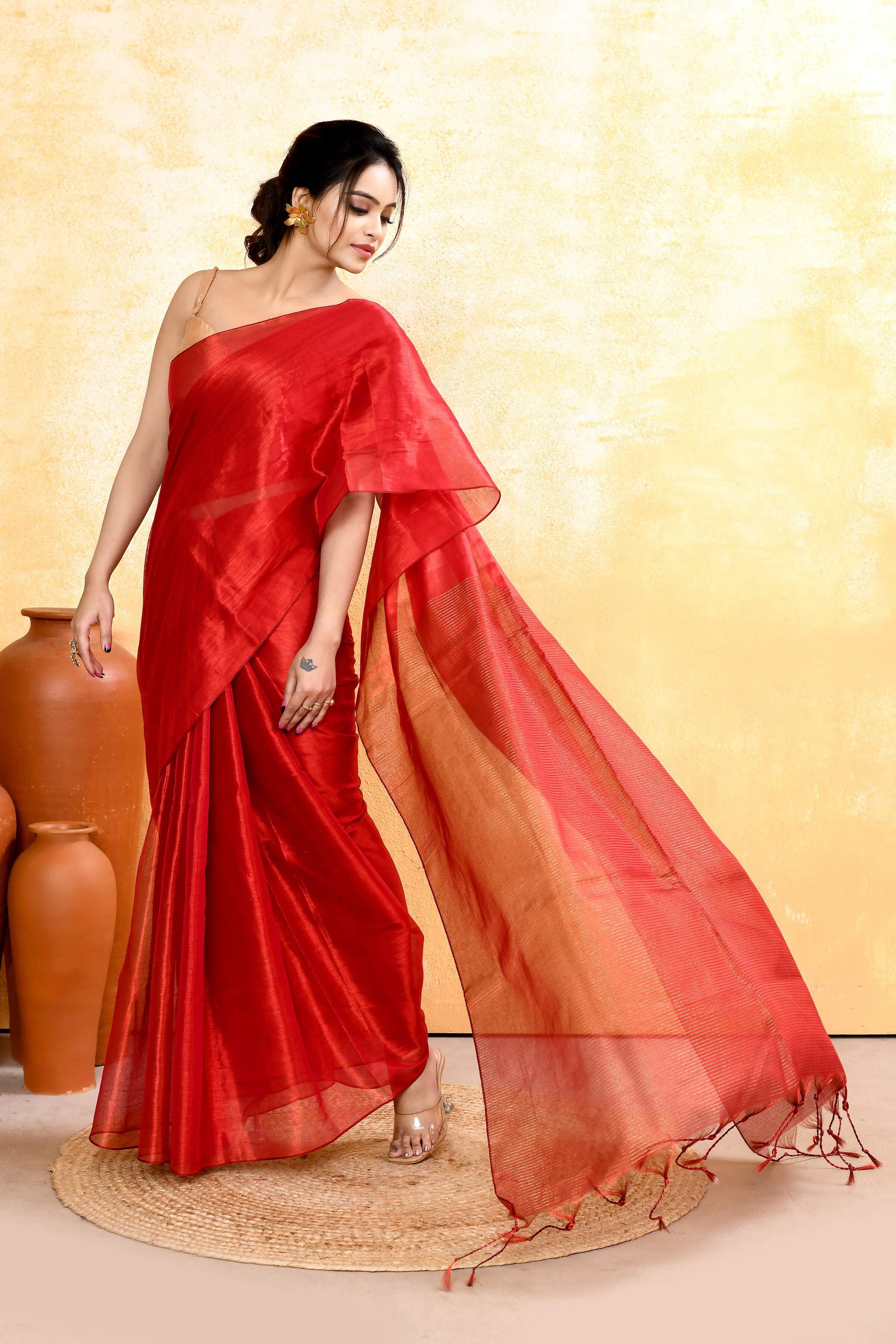 Piyari Fashion Women's Red Dual Tone Organic Tissue Saree With Blouse Piece - Distacart