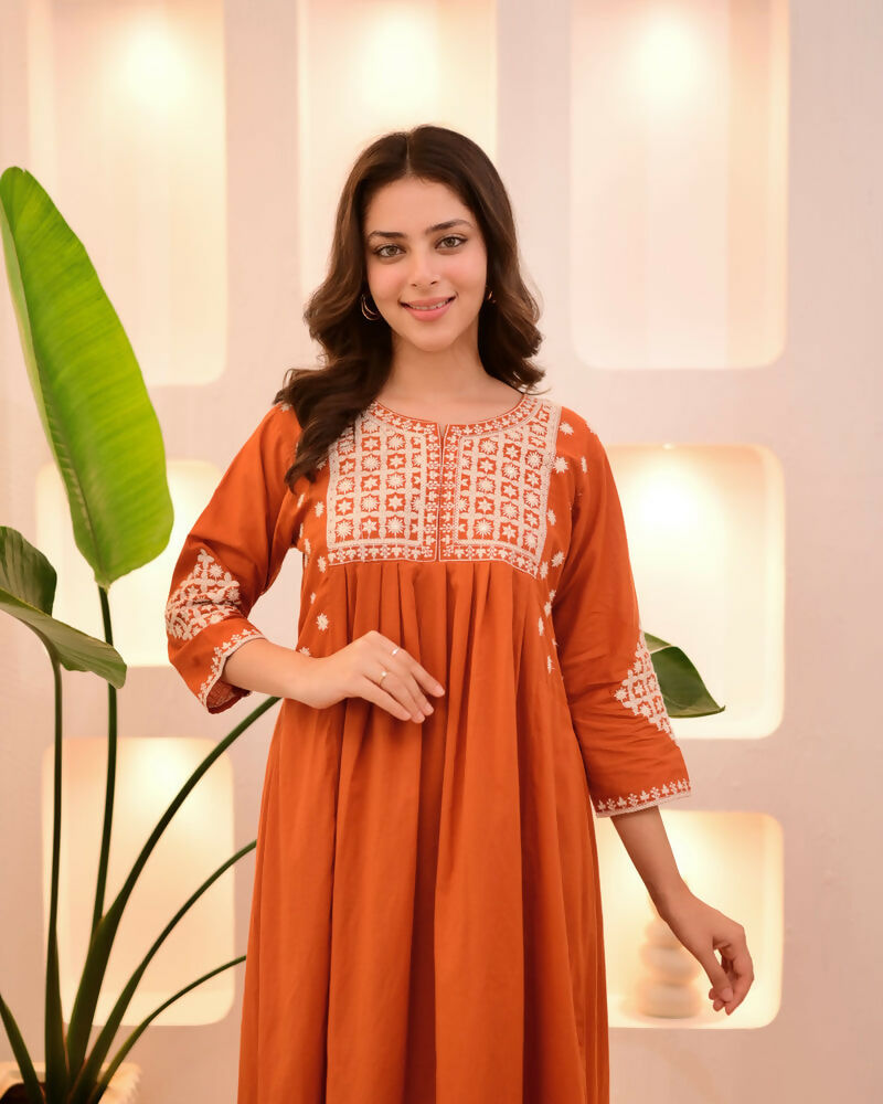 The52 Women's Beautiful Viscose Rayon Fabric Thread Work Flared Kurta Pant Set - Distacart