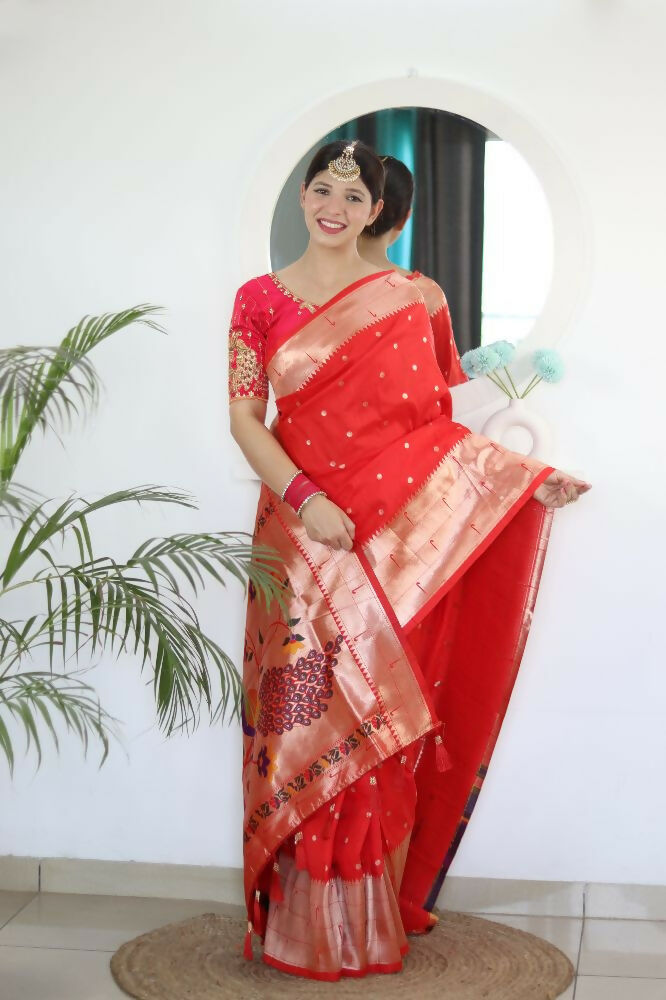 Red Woven Jacquard Designer Embroidery Work Party Wear Saree - Parampara