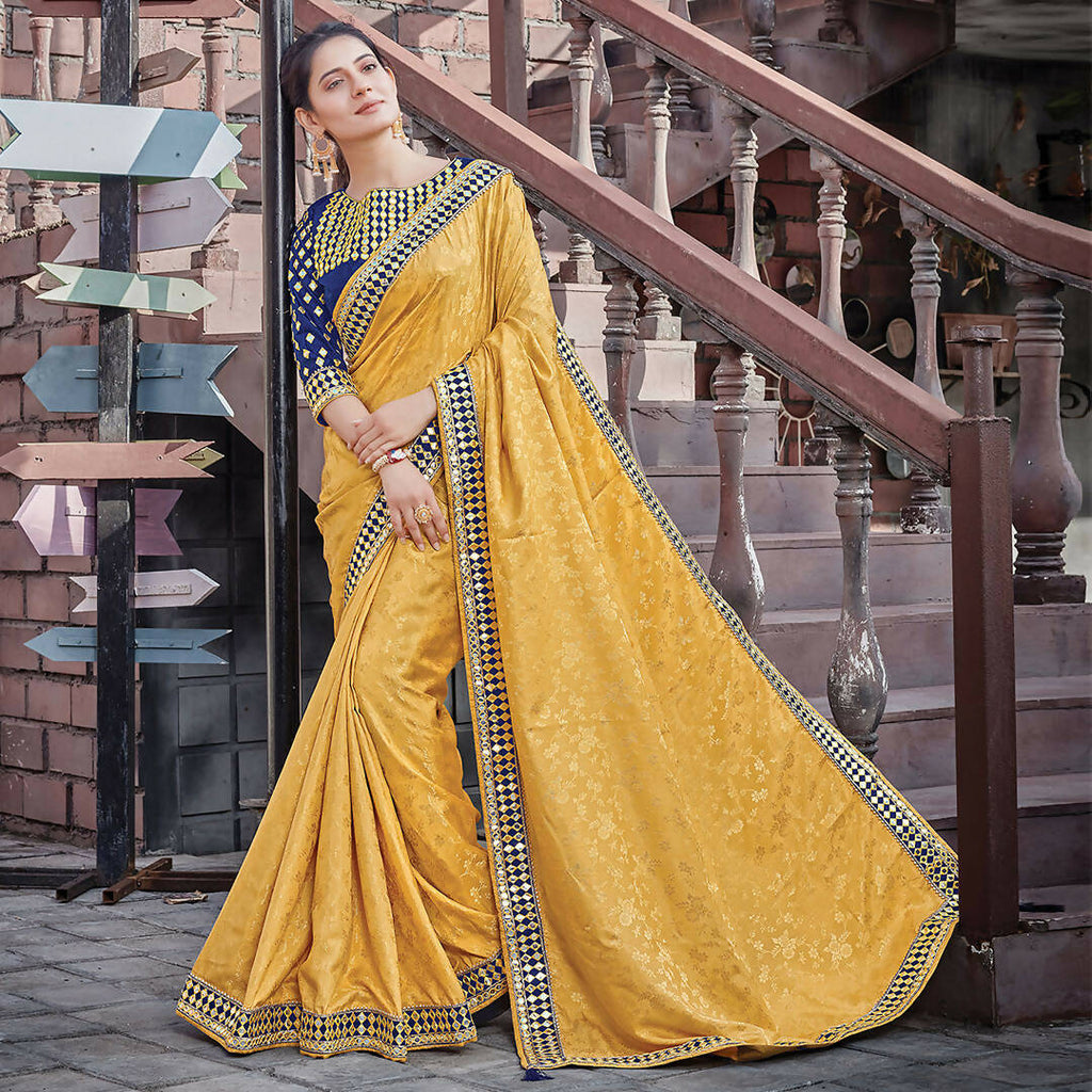 Yellow Colored Jacquard Silk Embroidered Saree With Blouse - Norita Royal Adveka