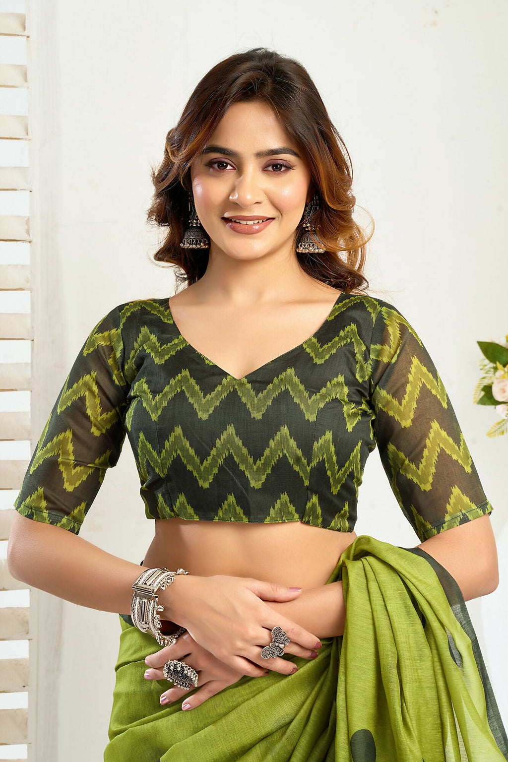 Vastranavya Olive Digital Printed Linen Ready To Wear Designer Saree with Unstitched Blouse - Distacart