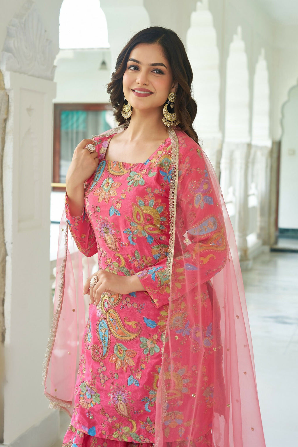 Joban Fashion Pink Kurta Set Chinnon Embroidery Sequence Work - Distacart