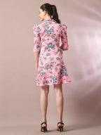 Myshka Women's Pink Printed Shirt Collar Fit and Flare Party Dress - Distacart