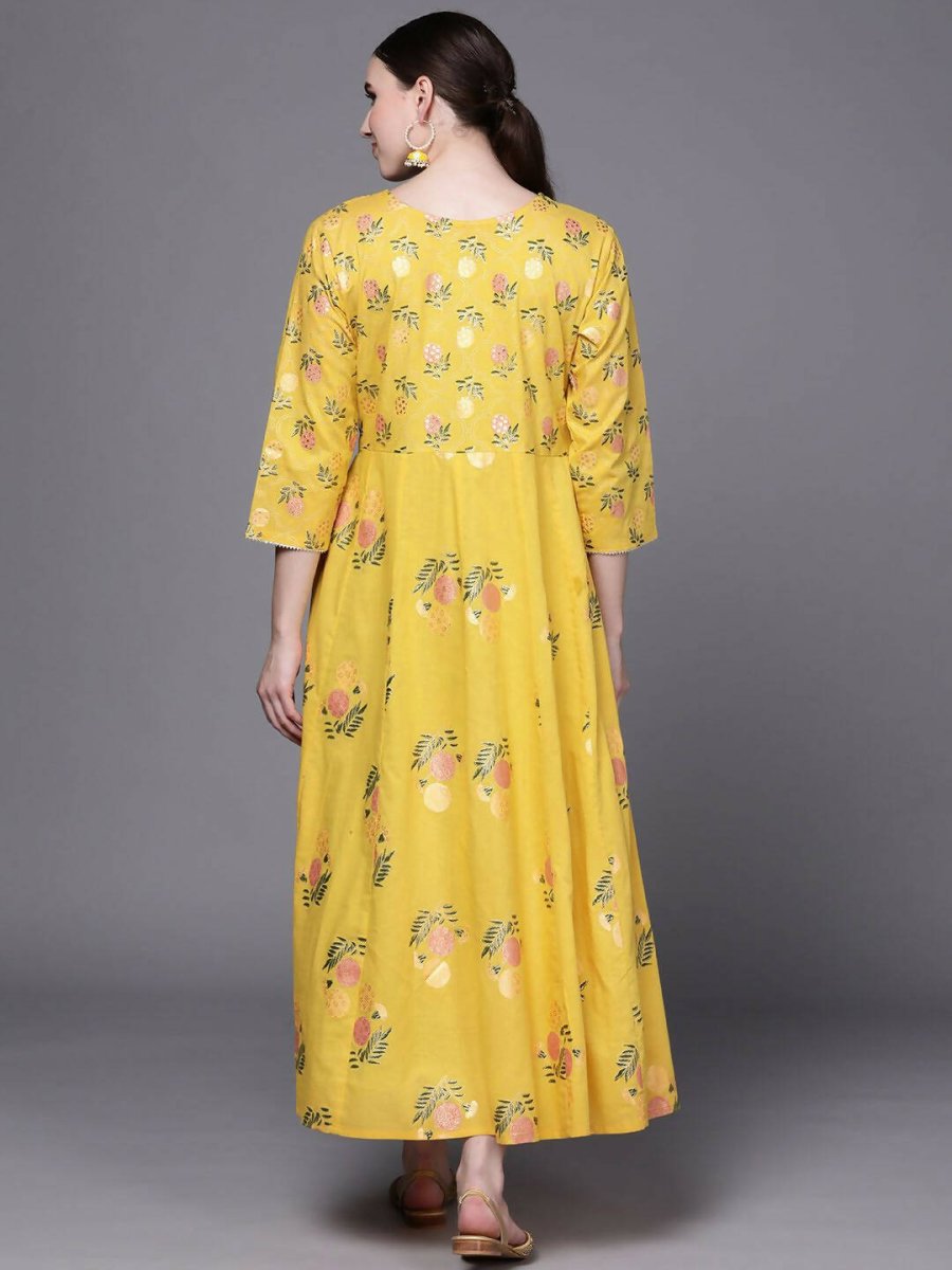 Ahalyaa Women Yellow Floral Fit & Flare Maxi Ethnic Dress - Distacart