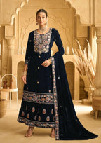 Anaita Dark Blue Embroidered with Beads Velvet Stitched Plazo Suit - Distacart