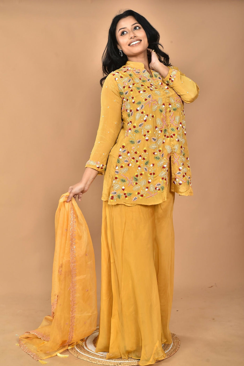 Morchari Women And Hand Embroidery Palazzo Set-Yellow