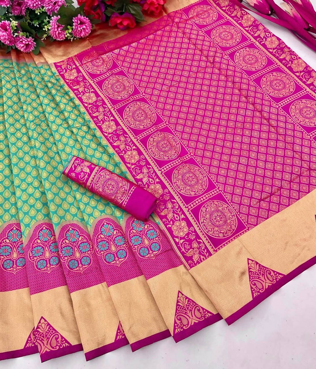 DEIANA'S Beautiful Designer Golden zari Soft Lichi Silk Saree - Bluue