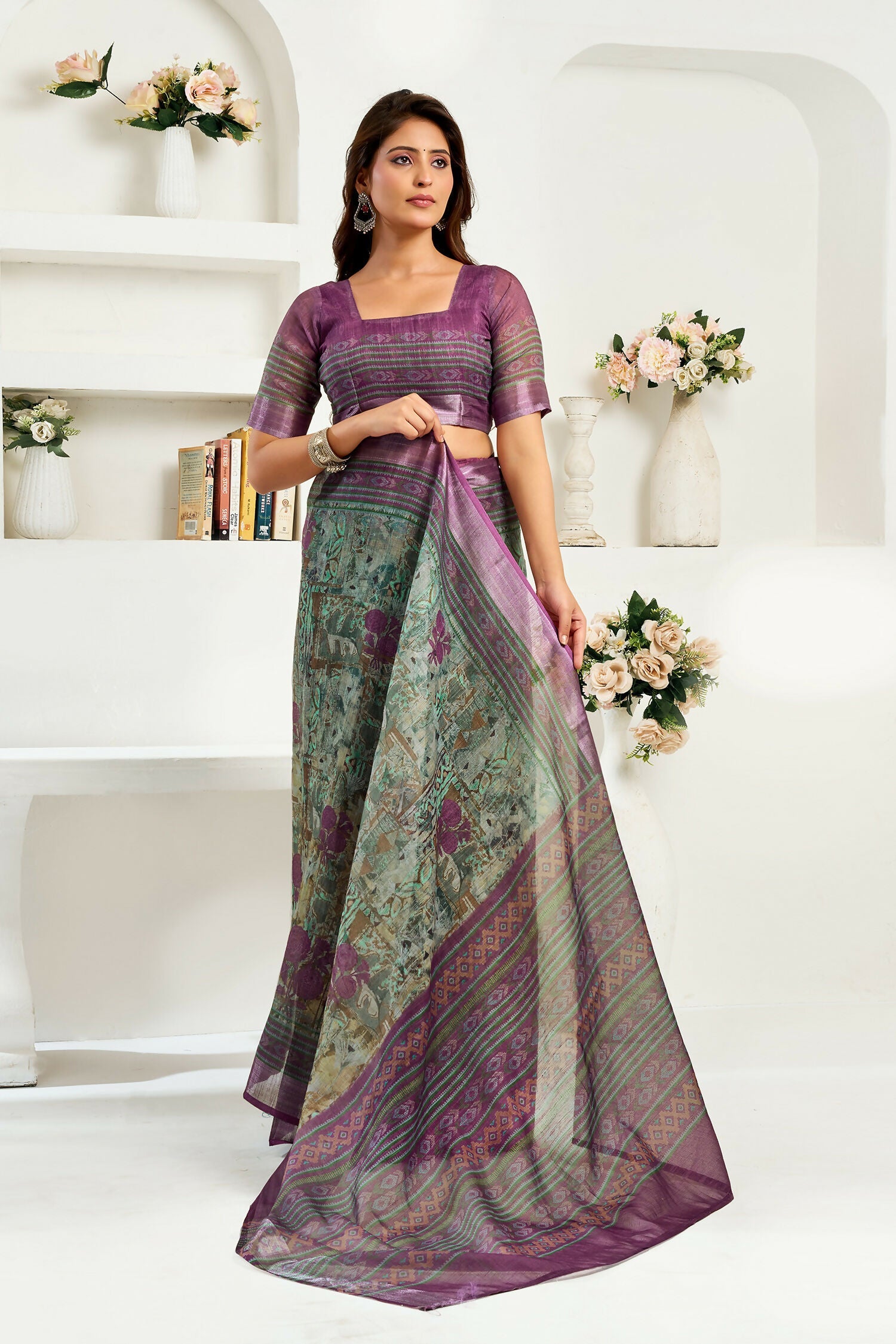 Joban Fashion Multicoloured Ikkat & Floral Linen Ready To Wear Saree With Unstitched Blouse - Distacart