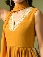 Myshka Women's Yellow Solid Georgette Anarkali Party Kurta Set With Dupatta