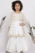 Little Bansi girls white cotton floral embroidery frock kurta with sharara and dupatta