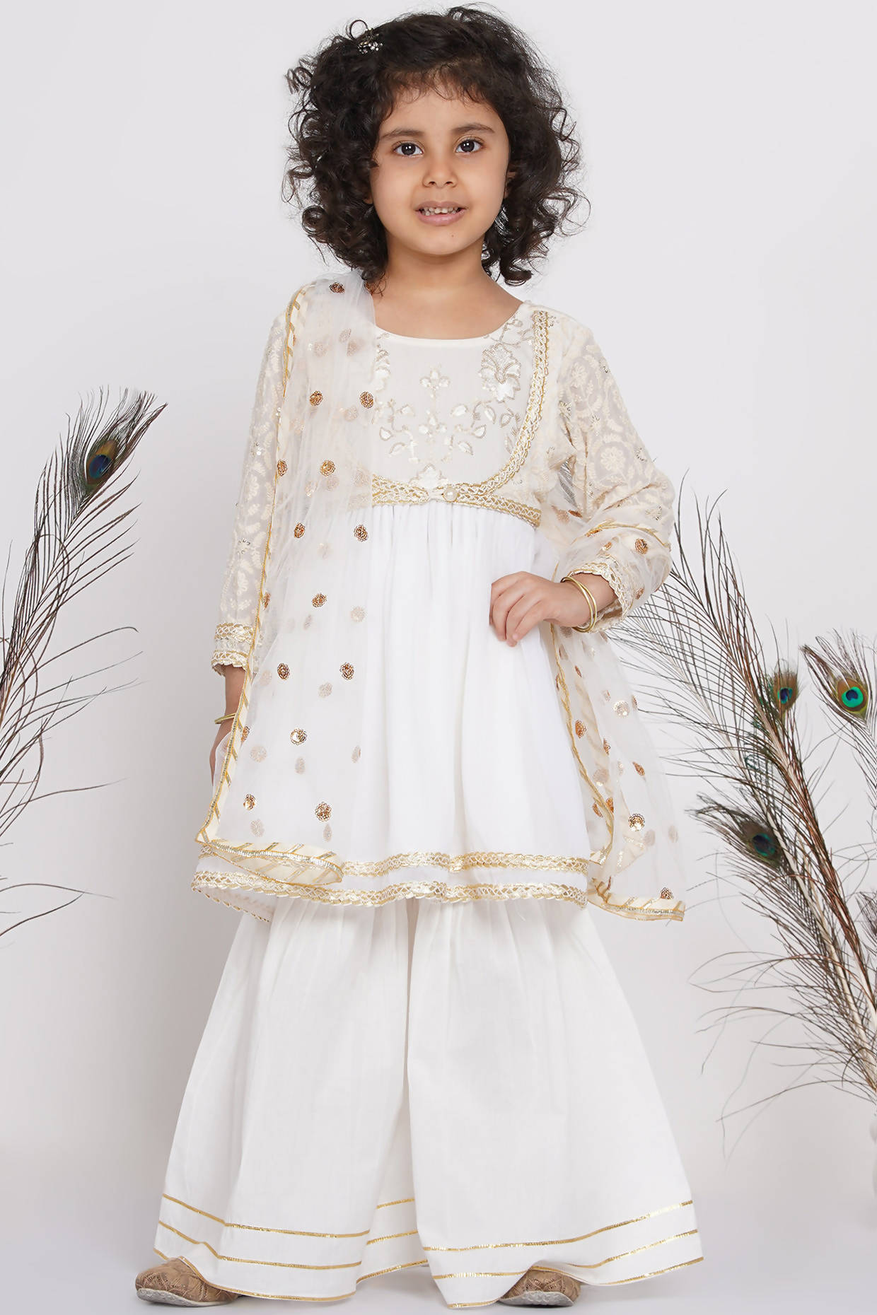 Little Bansi girls white cotton floral embroidery frock kurta with sharara and dupatta