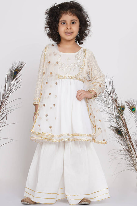 Little Bansi Girls Cotton Floral Embroidery Frock Kurta with Sharara & Dupatta - White